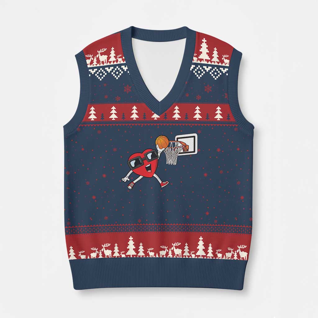Basketball Valentines V-Neck Knit Sweater Vest Cute Red Heart Playing Basketball Player Team Boys - Wonder Print Shop