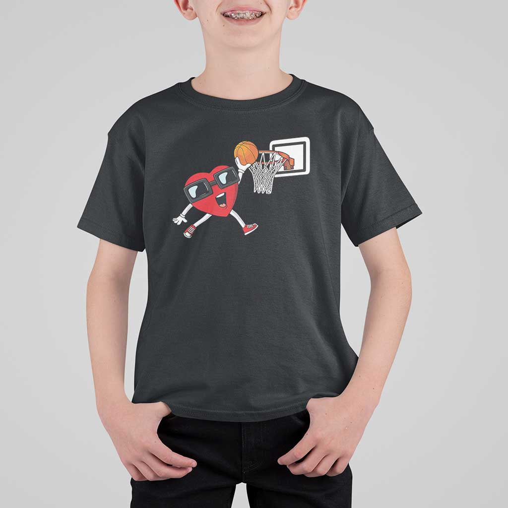 Basketball Valentines T Shirt For Kid Cute Red Heart Playing Basketball Player Team Boys - Wonder Print Shop