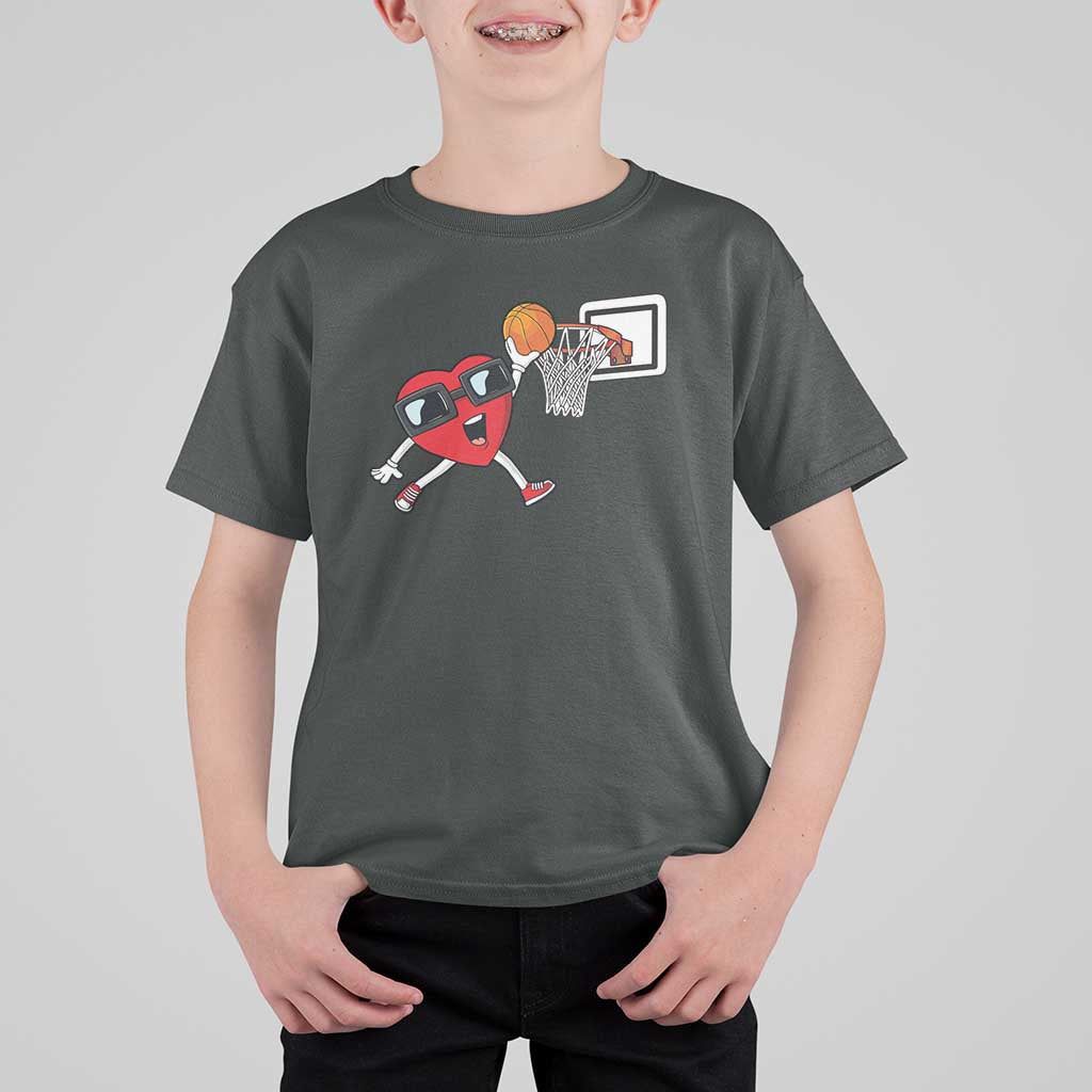 Basketball Valentines T Shirt For Kid Cute Red Heart Playing Basketball Player Team Boys - Wonder Print Shop