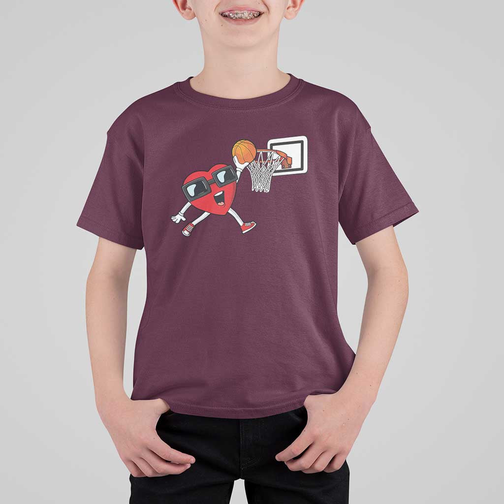 Basketball Valentines T Shirt For Kid Cute Red Heart Playing Basketball Player Team Boys - Wonder Print Shop