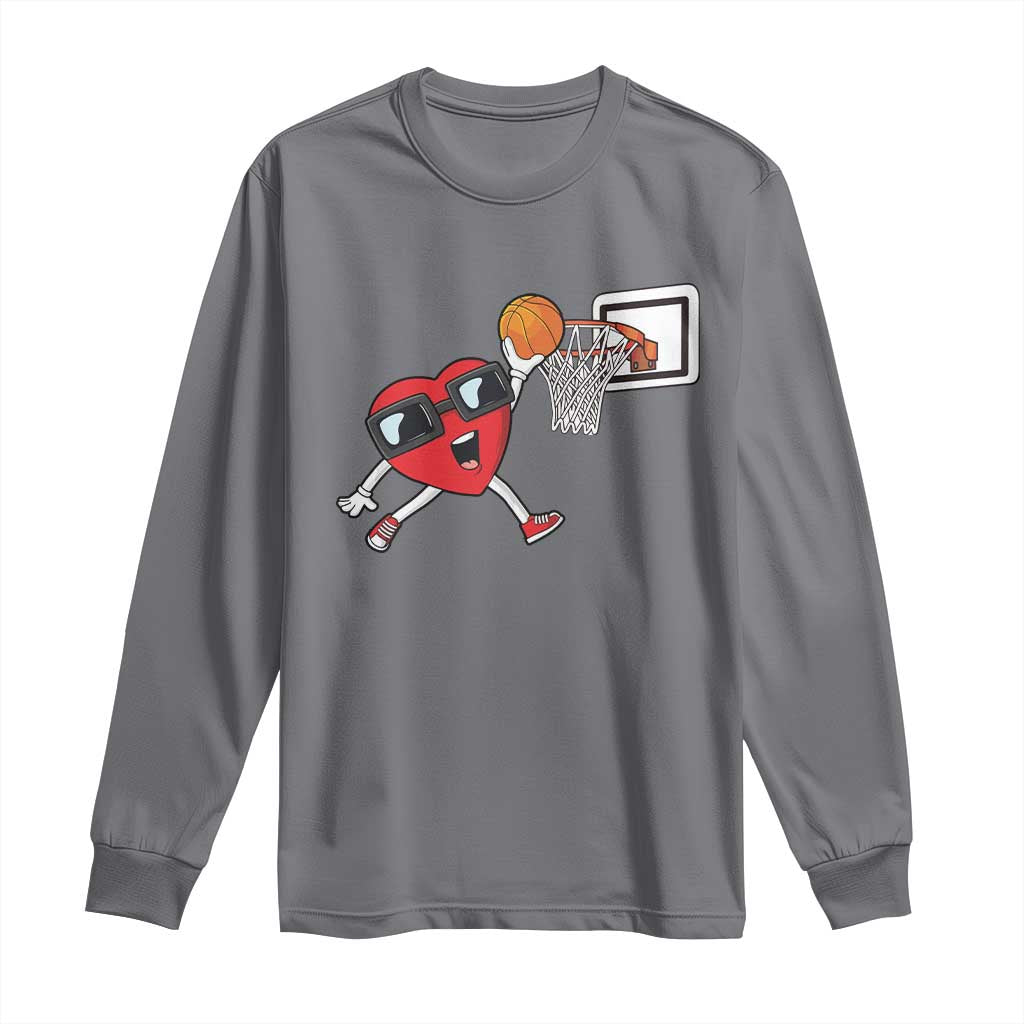 Basketball Valentines Long Sleeve Shirt Cute Red Heart Playing Basketball Player Team Boys - Wonder Print Shop