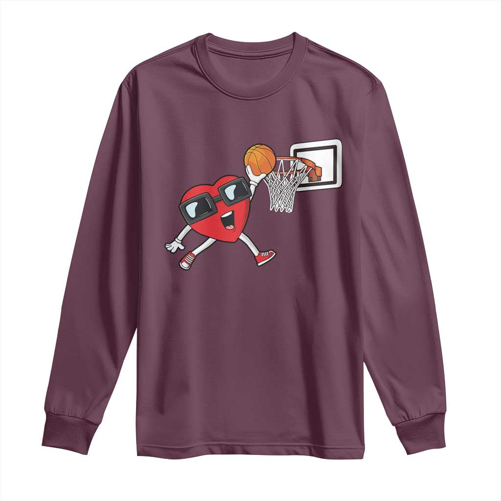 Basketball Valentines Long Sleeve Shirt Cute Red Heart Playing Basketball Player Team Boys - Wonder Print Shop