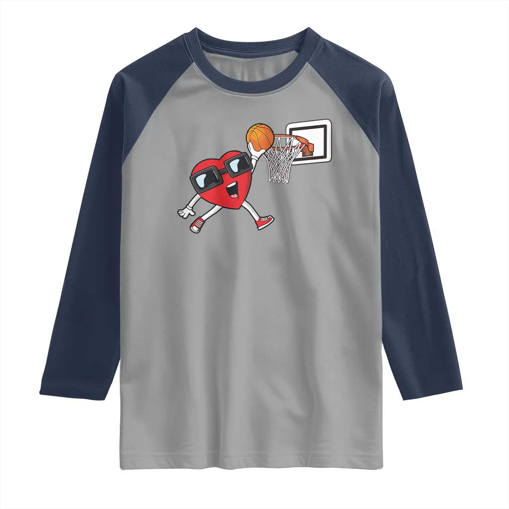 Basketball Valentines Raglan Shirt Cute Red Heart Playing Basketball Player Team Boys - Wonder Print Shop
