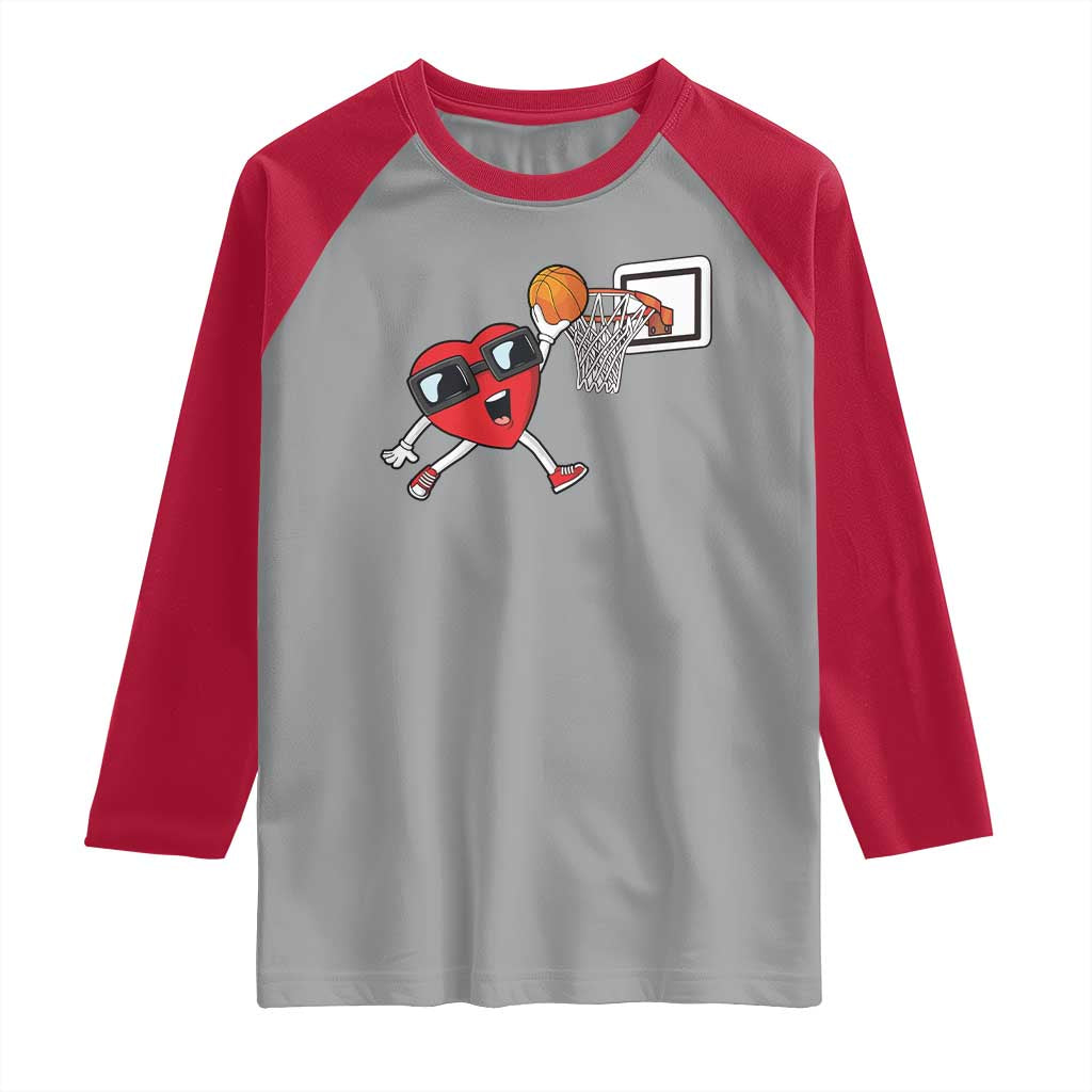 Basketball Valentines Raglan Shirt Cute Red Heart Playing Basketball Player Team Boys - Wonder Print Shop