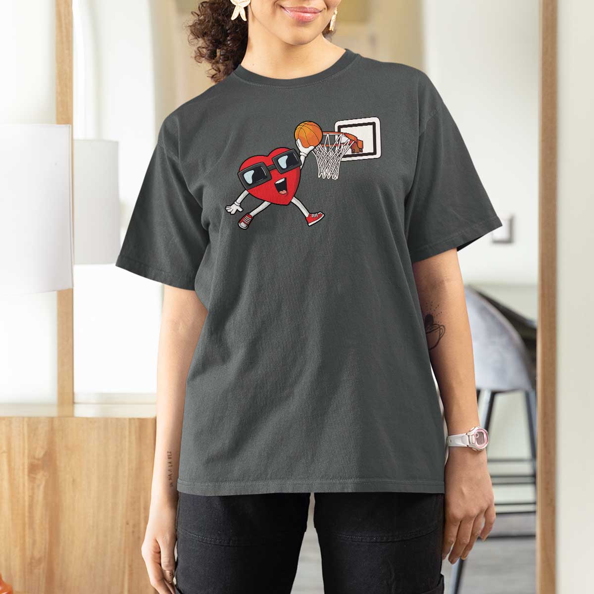 Basketball Valentines T Shirt For Women Cute Red Heart Playing Basketball Player Team Boys - Wonder Print Shop