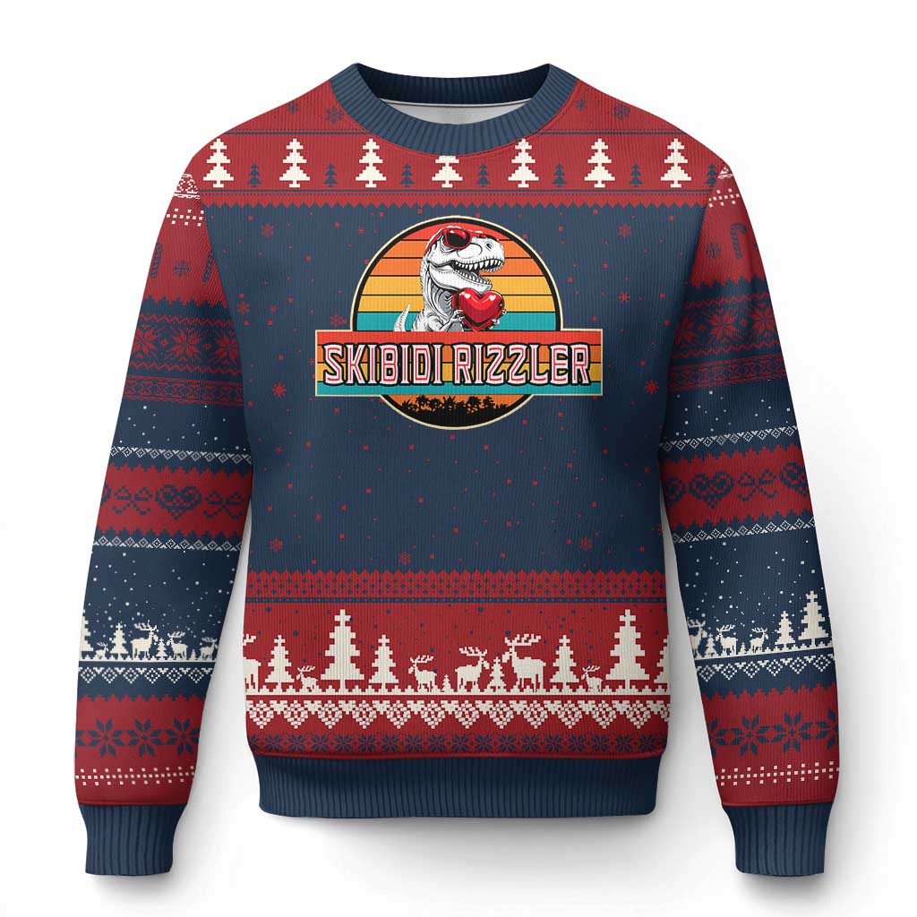 Vintage Valentines Dinosaur Ugly Christmas Sweater Funny Dino Meme Skibidi Rizzler - Wonder Print Shop
