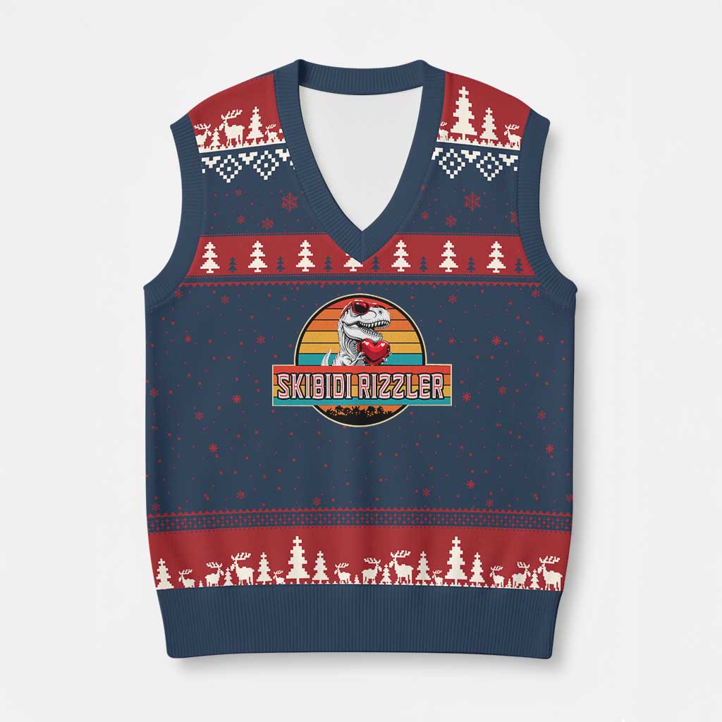 Vintage Valentines Dinosaur V-Neck Knit Sweater Vest Funny Dino Meme Skibidi Rizzler - Wonder Print Shop