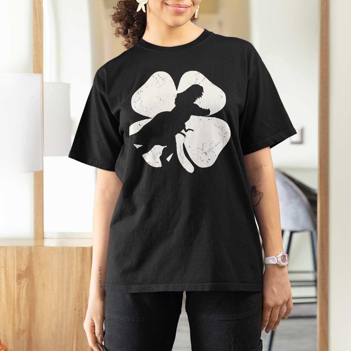 Dinosaur St Patricks Day Shamrock T Shirt For Women Silhouette Boys Toddler Kids
