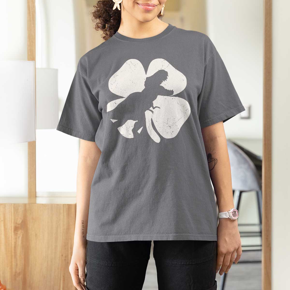 Dinosaur St Patricks Day Shamrock T Shirt For Women Silhouette Boys Toddler Kids