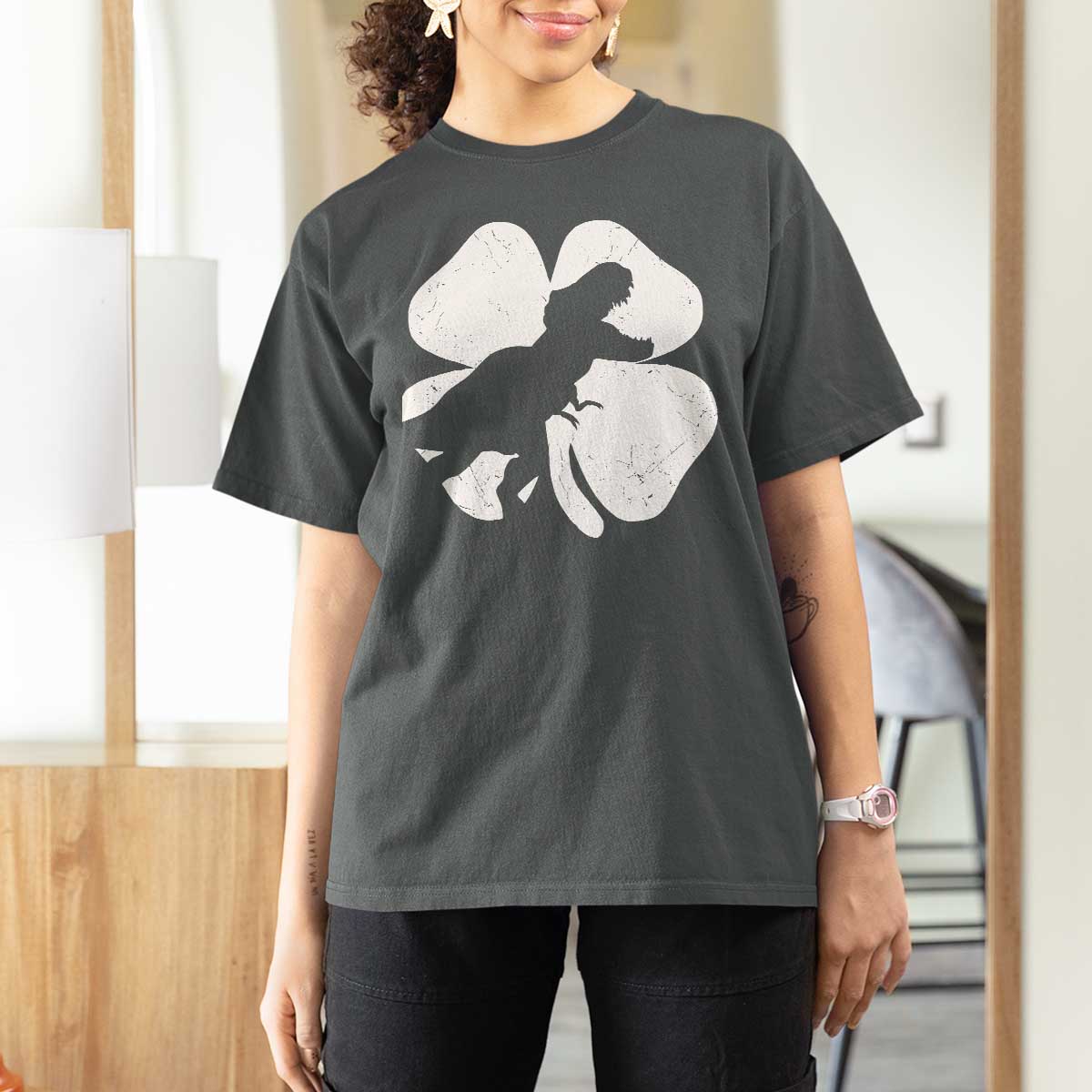 Dinosaur St Patricks Day Shamrock T Shirt For Women Silhouette Boys Toddler Kids