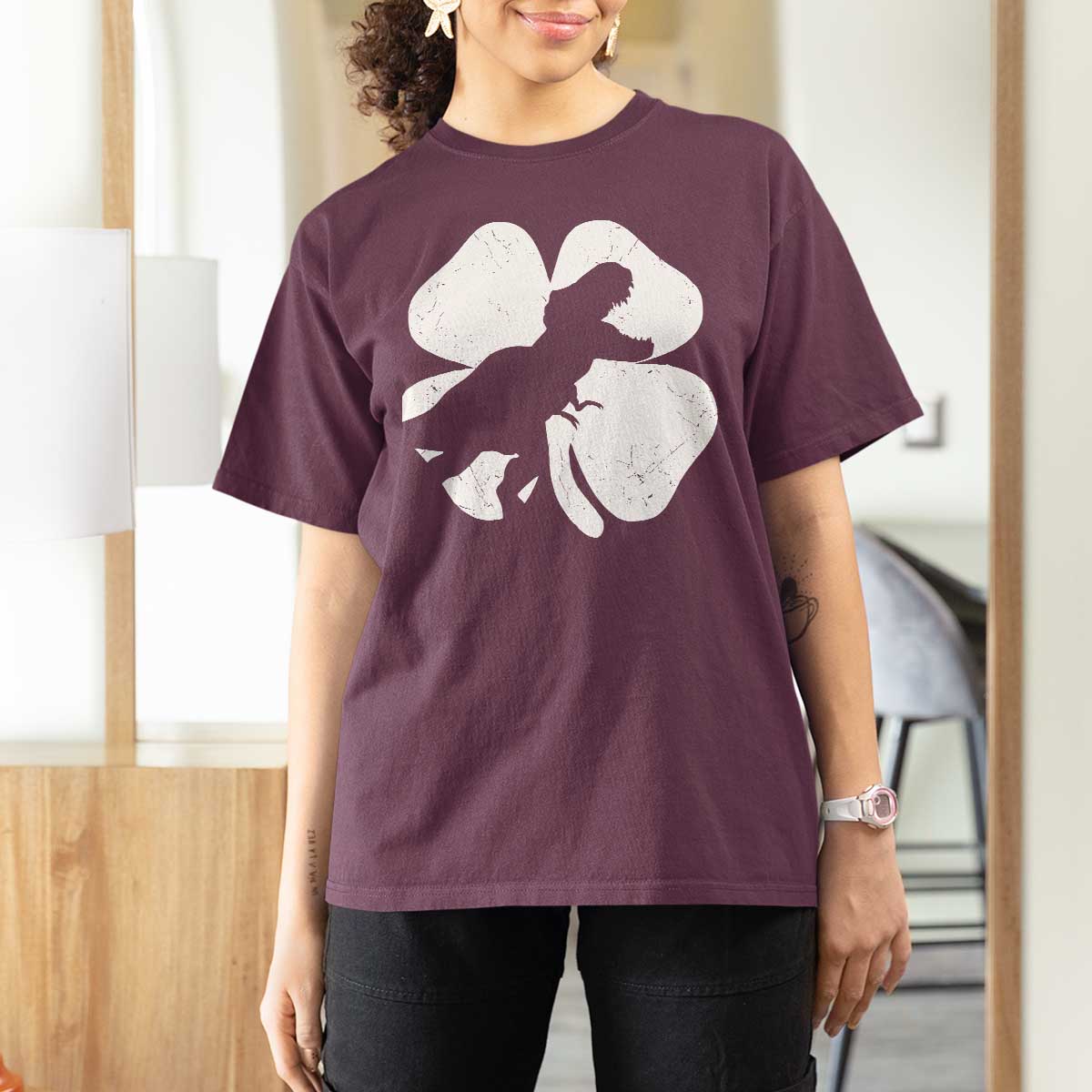 Dinosaur St Patricks Day Shamrock T Shirt For Women Silhouette Boys Toddler Kids