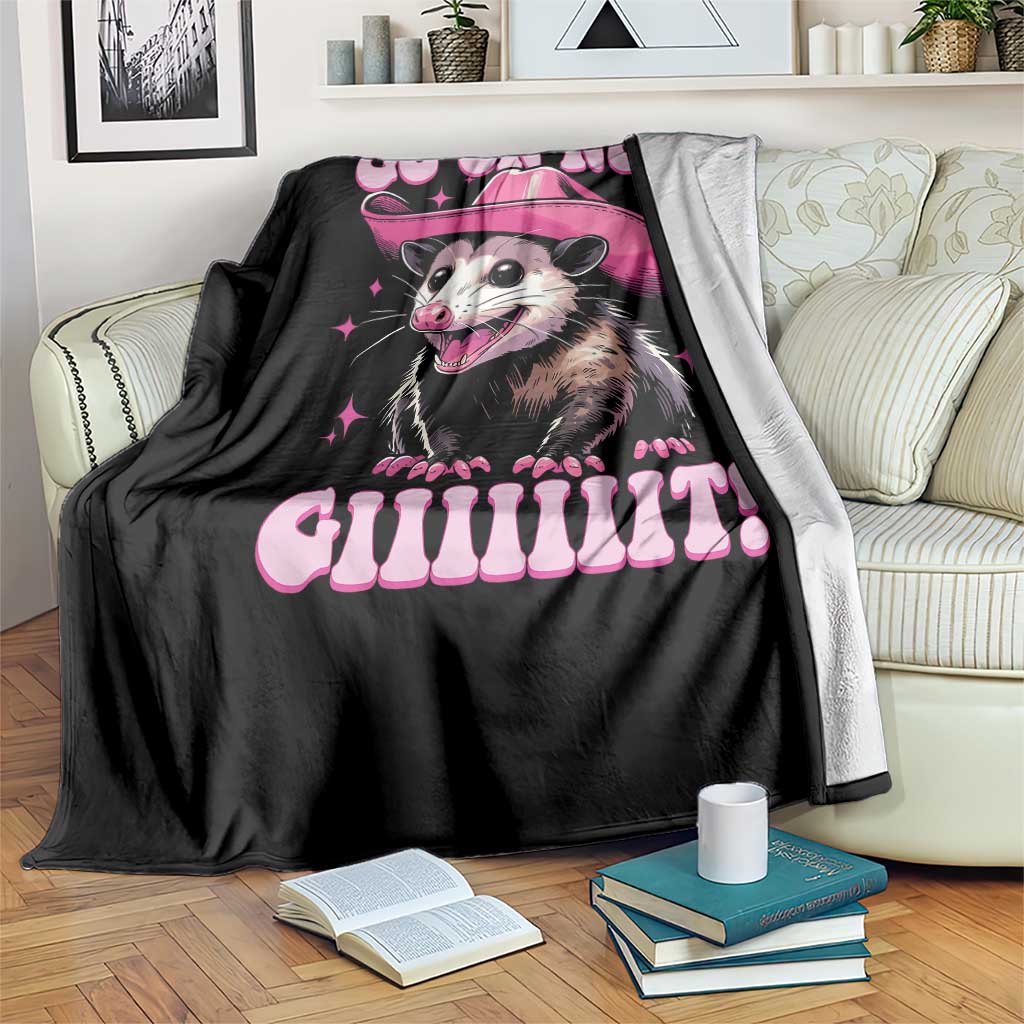 Cowboy Opossum Go On Now Git Throw Blanket Funny Possum Pink Cowgirl Hat Western Wild West - Wonder Print Shop