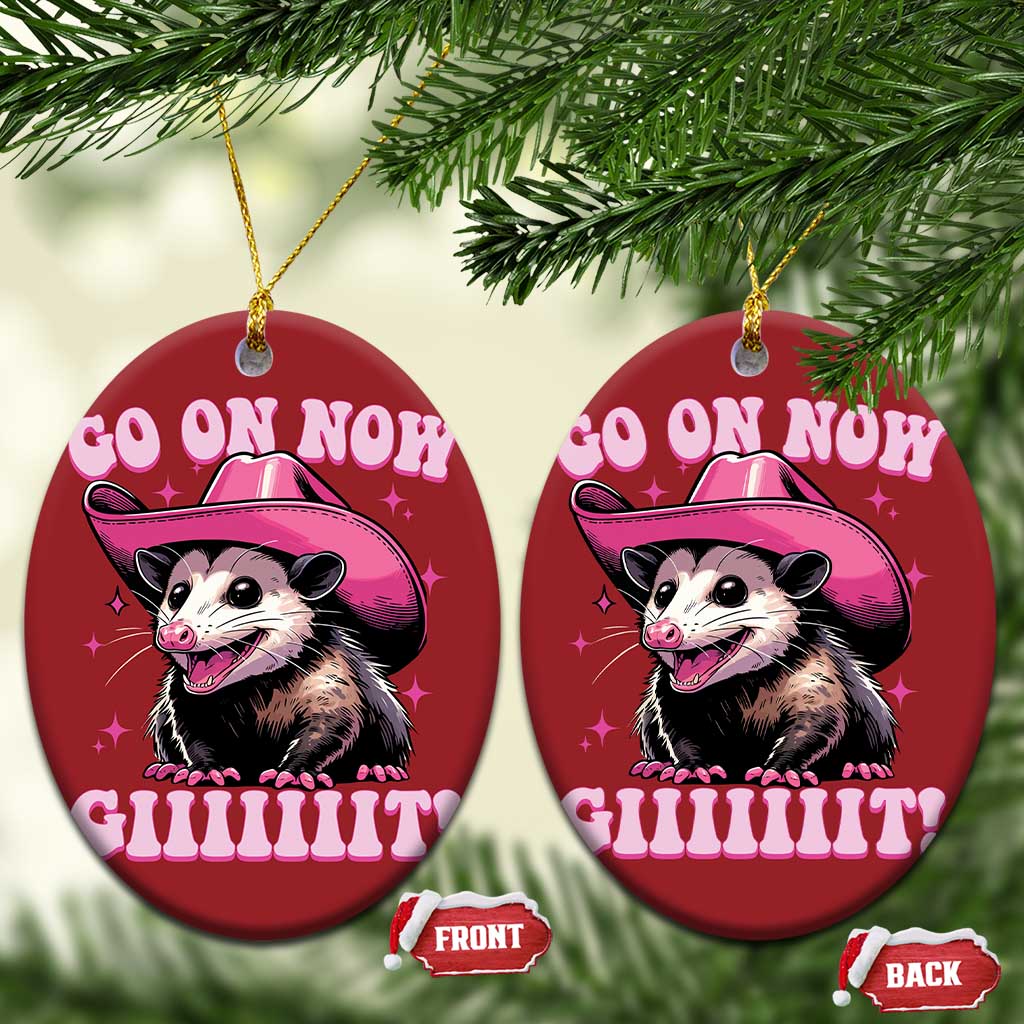 Cowboy Opossum Go On Now Git Christmas Ornament Funny Possum Pink Cowgirl Hat Western Wild West - Wonder Print Shop