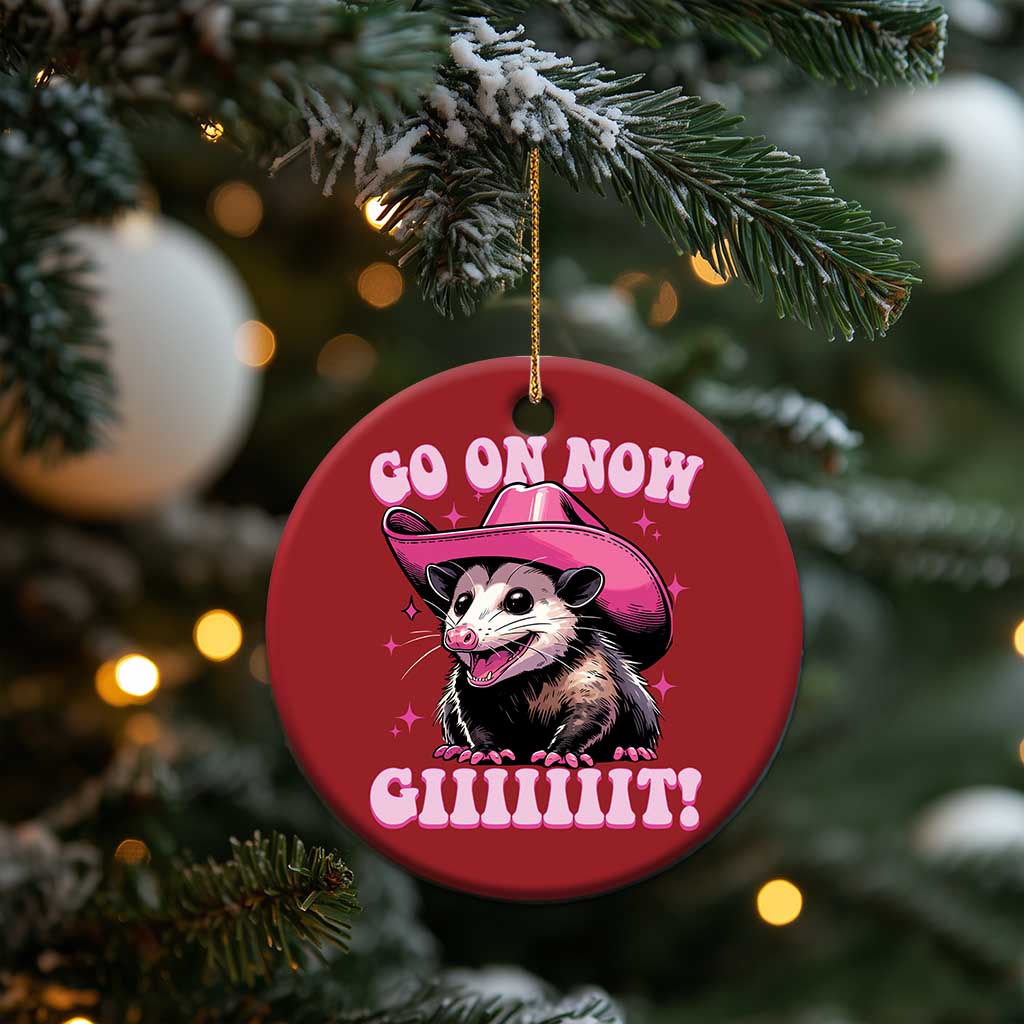 Cowboy Opossum Go On Now Git Christmas Ornament Funny Possum Pink Cowgirl Hat Western Wild West - Wonder Print Shop