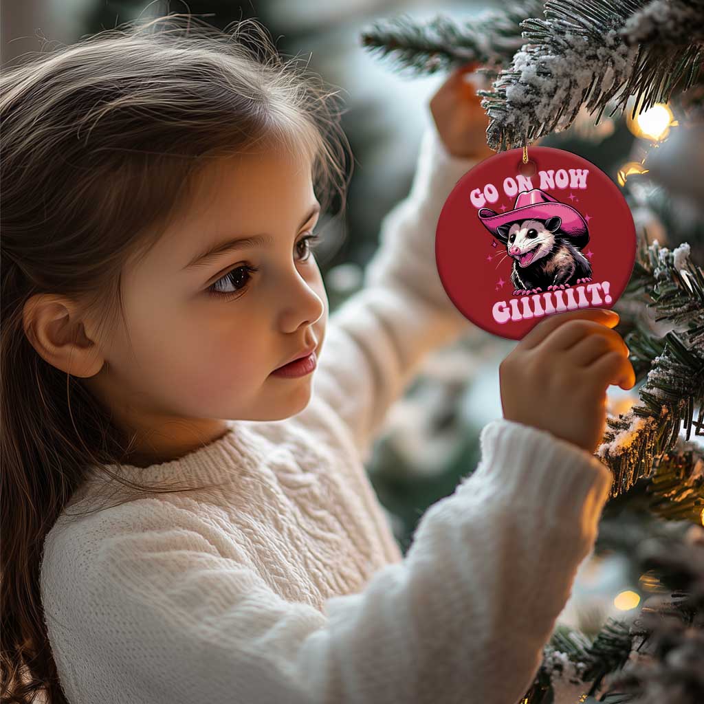 Cowboy Opossum Go On Now Git Christmas Ornament Funny Possum Pink Cowgirl Hat Western Wild West - Wonder Print Shop