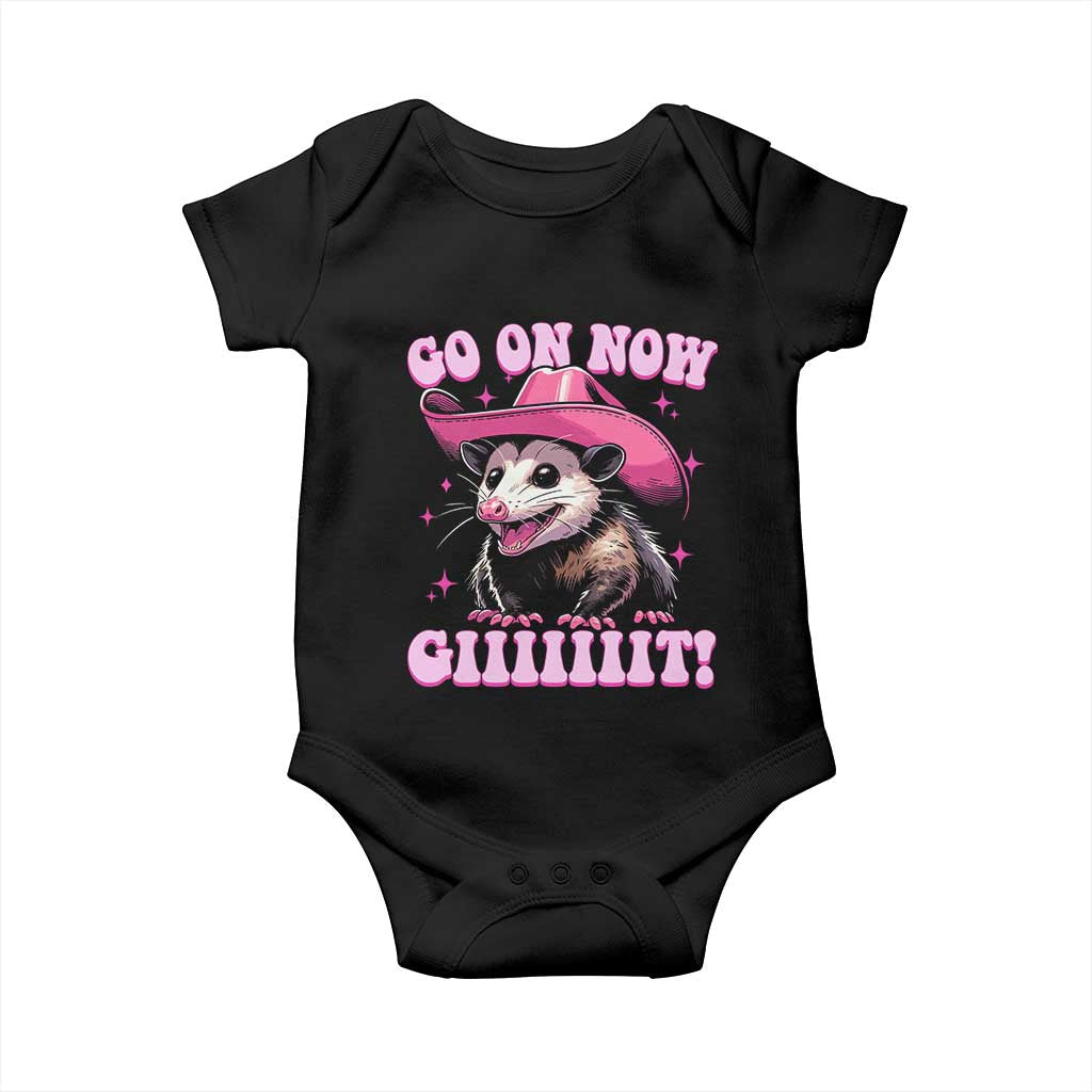 Cowboy Opossum Go On Now Git Baby Onesie Funny Possum Pink Cowgirl Hat Western Wild West - Wonder Print Shop
