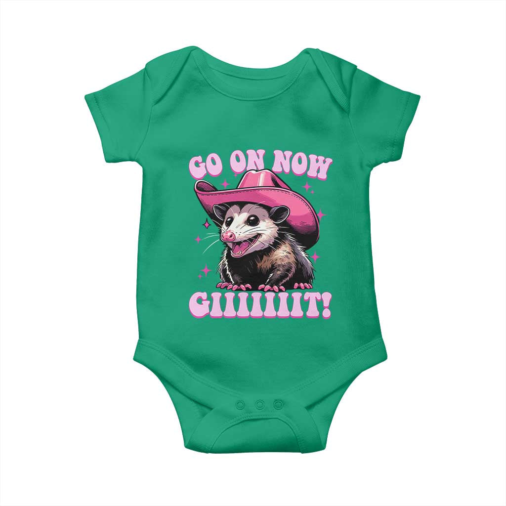 Cowboy Opossum Go On Now Git Baby Onesie Funny Possum Pink Cowgirl Hat Western Wild West - Wonder Print Shop