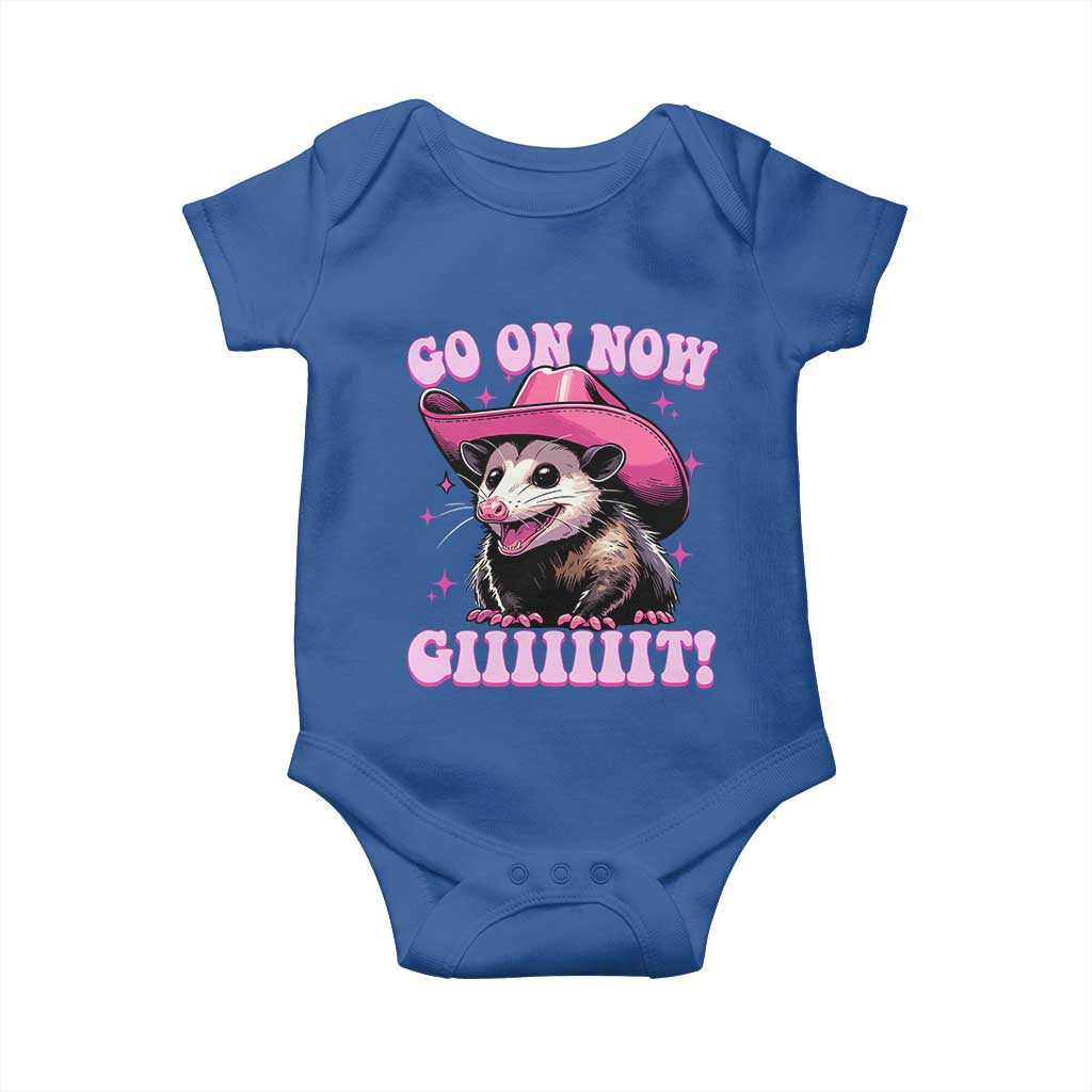 Cowboy Opossum Go On Now Git Baby Onesie Funny Possum Pink Cowgirl Hat Western Wild West - Wonder Print Shop