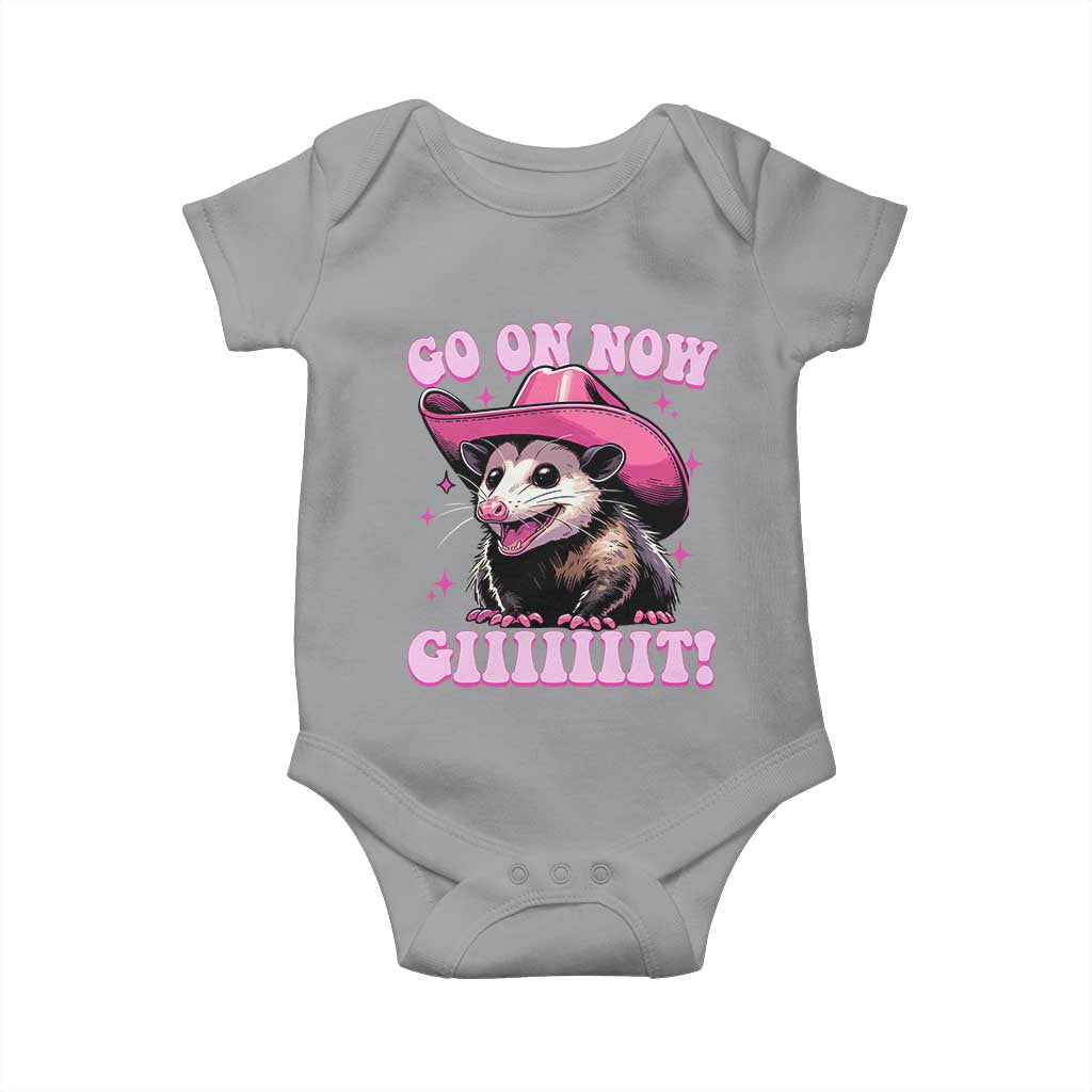 Cowboy Opossum Go On Now Git Baby Onesie Funny Possum Pink Cowgirl Hat Western Wild West - Wonder Print Shop