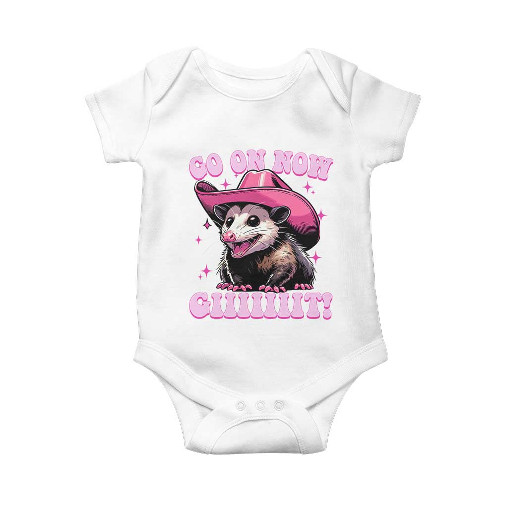 Cowboy Opossum Go On Now Git Baby Onesie Funny Possum Pink Cowgirl Hat Western Wild West - Wonder Print Shop