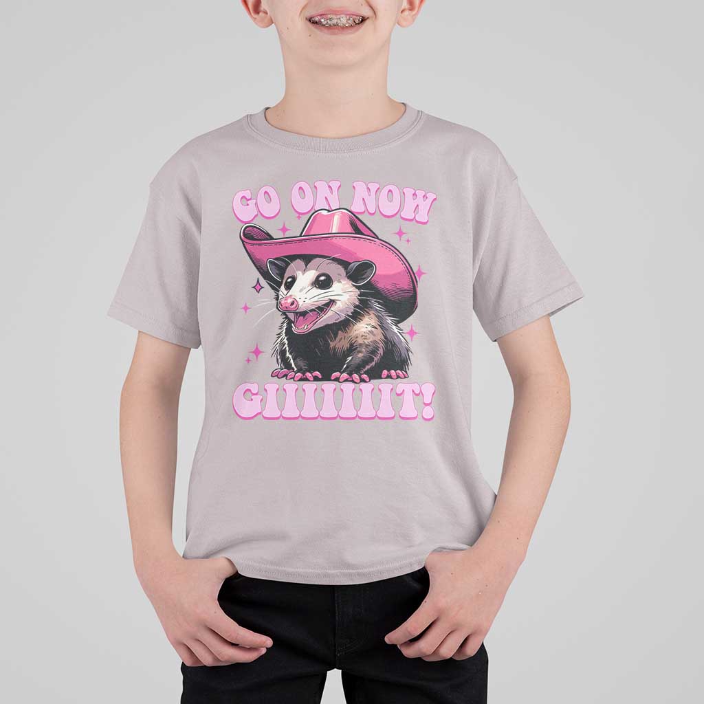 Cowboy Opossum Go On Now Git T Shirt For Kid Funny Possum Pink Cowgirl Hat Western Wild West - Wonder Print Shop