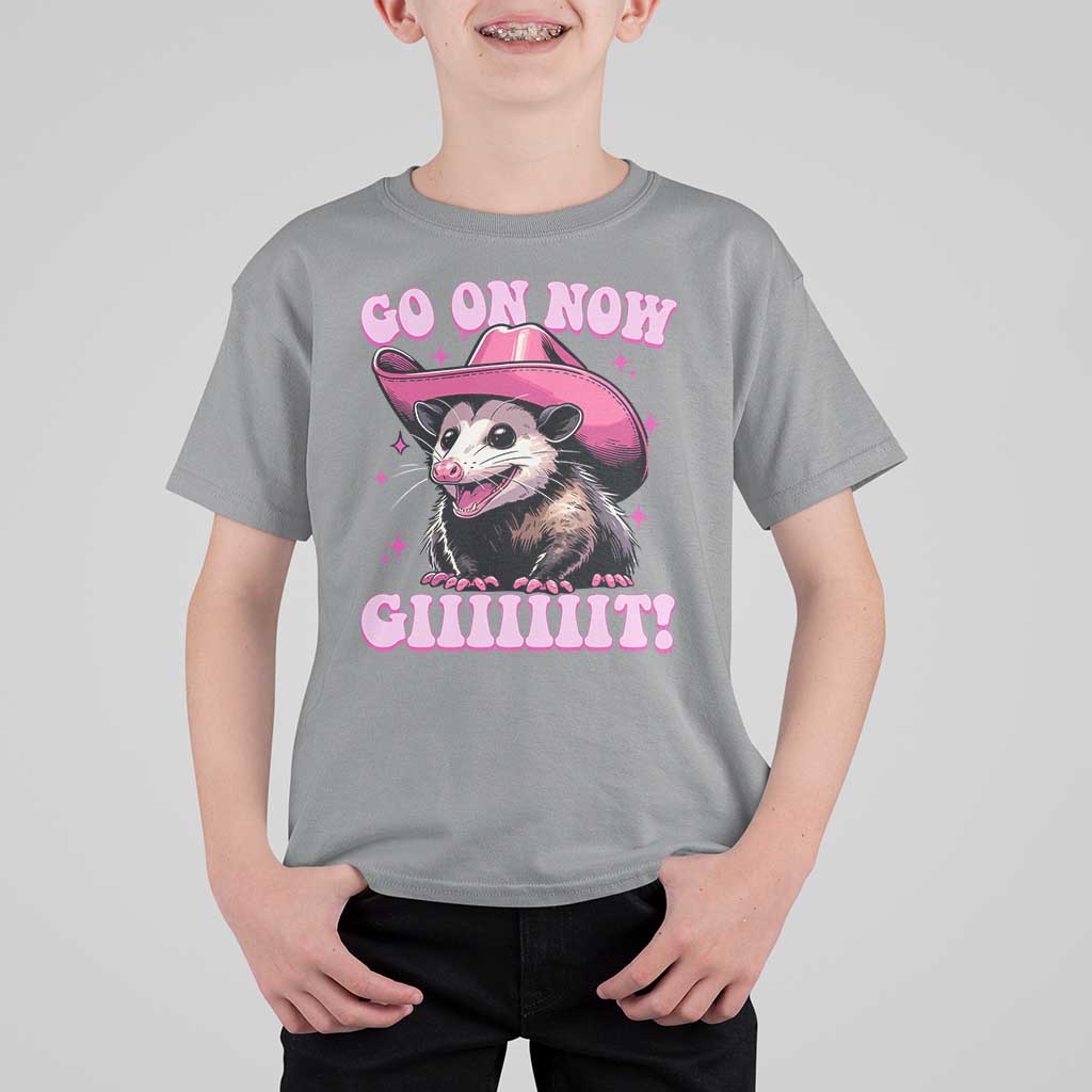 Cowboy Opossum Go On Now Git T Shirt For Kid Funny Possum Pink Cowgirl Hat Western Wild West - Wonder Print Shop