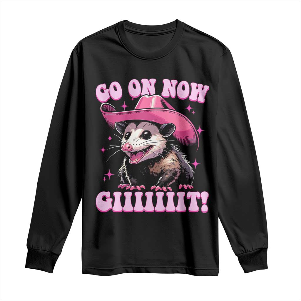 Cowboy Opossum Go On Now Git Long Sleeve Shirt Funny Possum Pink Cowgirl Hat Western Wild West - Wonder Print Shop