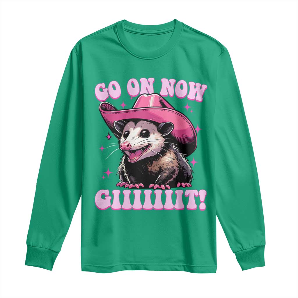 Cowboy Opossum Go On Now Git Long Sleeve Shirt Funny Possum Pink Cowgirl Hat Western Wild West - Wonder Print Shop