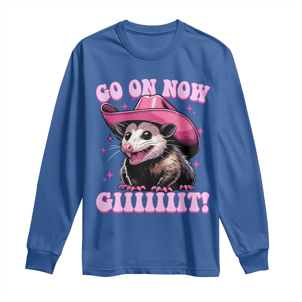 Cowboy Opossum Go On Now Git Long Sleeve Shirt Funny Possum Pink Cowgirl Hat Western Wild West - Wonder Print Shop