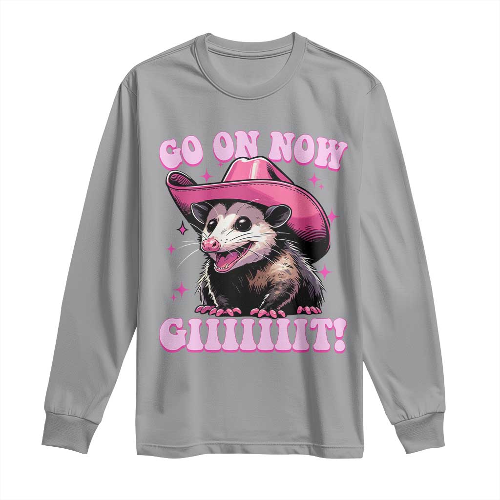 Cowboy Opossum Go On Now Git Long Sleeve Shirt Funny Possum Pink Cowgirl Hat Western Wild West - Wonder Print Shop