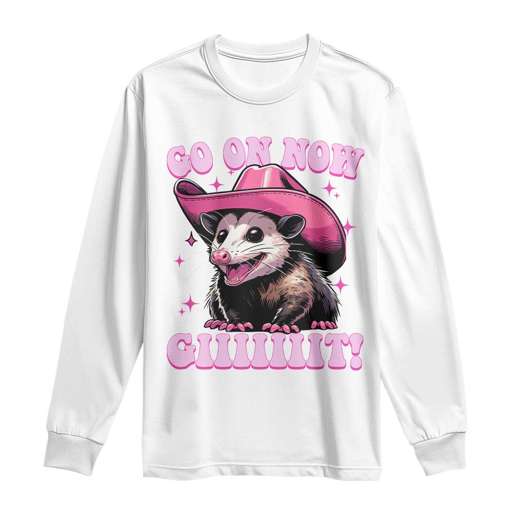 Cowboy Opossum Go On Now Git Long Sleeve Shirt Funny Possum Pink Cowgirl Hat Western Wild West - Wonder Print Shop