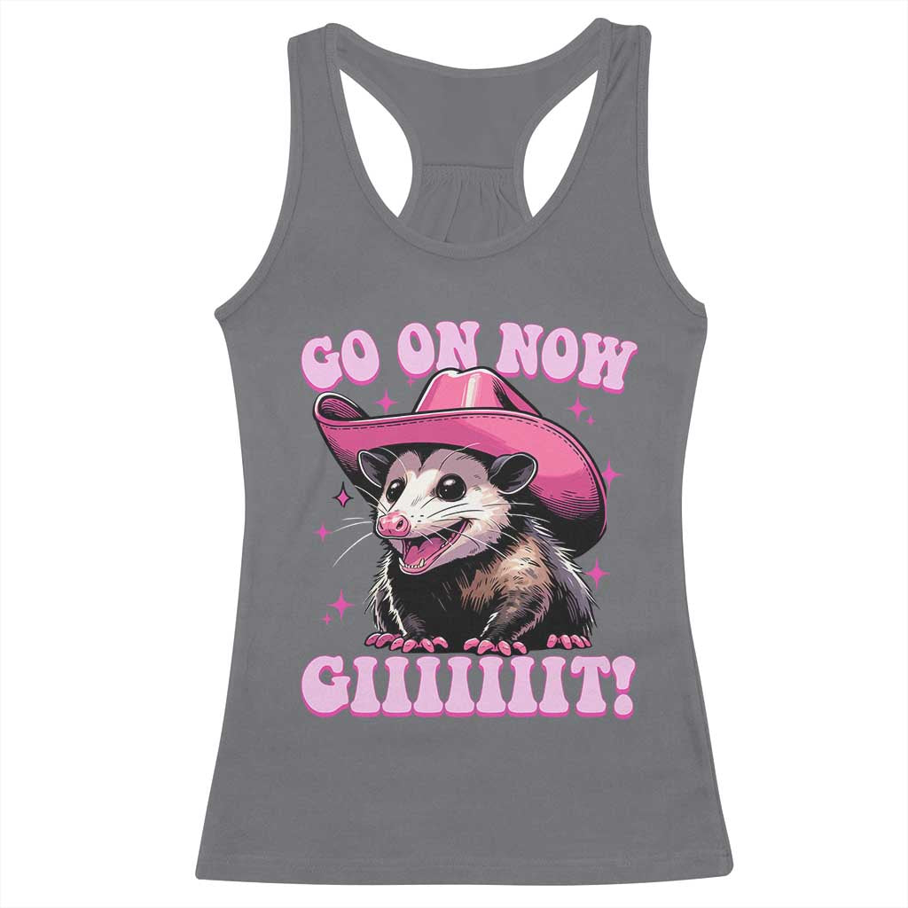 Cowboy Opossum Go On Now Git Racerback Tank Top Funny Possum Pink Cowgirl Hat Western Wild West - Wonder Print Shop