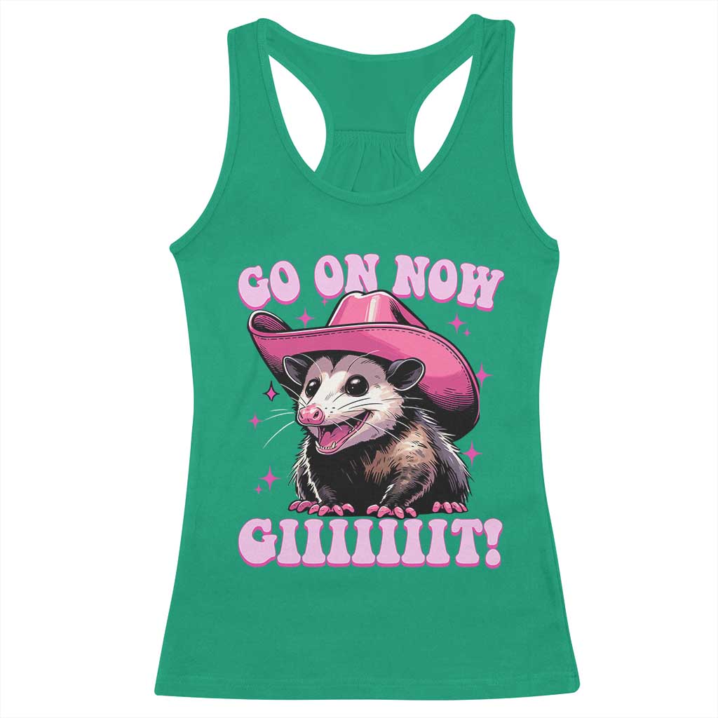 Cowboy Opossum Go On Now Git Racerback Tank Top Funny Possum Pink Cowgirl Hat Western Wild West - Wonder Print Shop