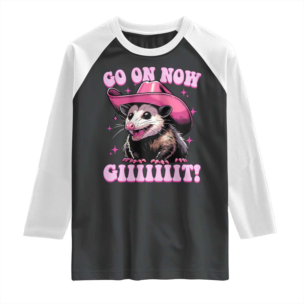 Cowboy Opossum Go On Now Git Raglan Shirt Funny Possum Pink Cowgirl Hat Western Wild West - Wonder Print Shop