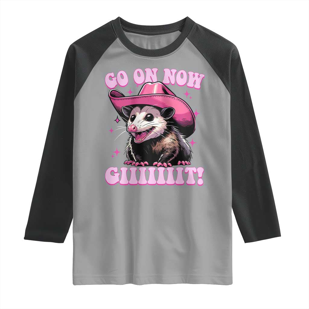 Cowboy Opossum Go On Now Git Raglan Shirt Funny Possum Pink Cowgirl Hat Western Wild West - Wonder Print Shop