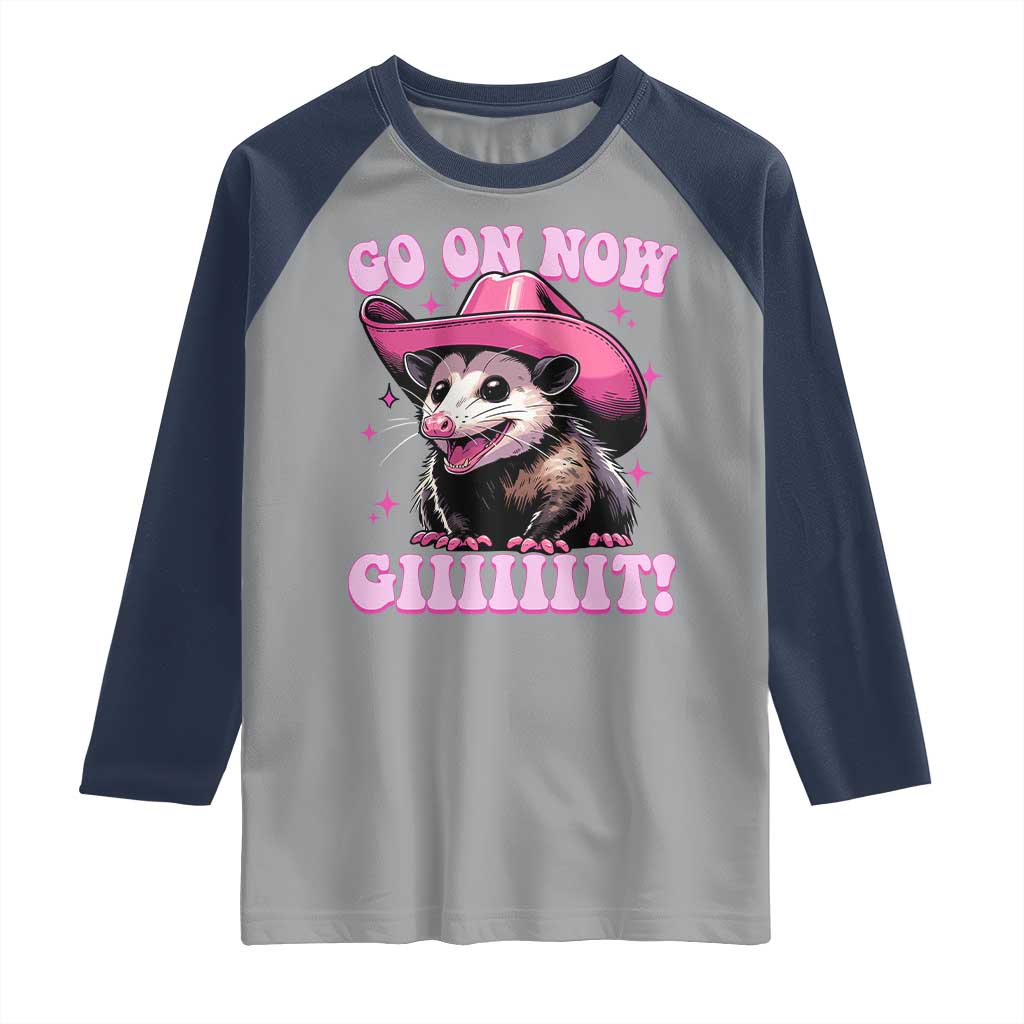 Cowboy Opossum Go On Now Git Raglan Shirt Funny Possum Pink Cowgirl Hat Western Wild West - Wonder Print Shop