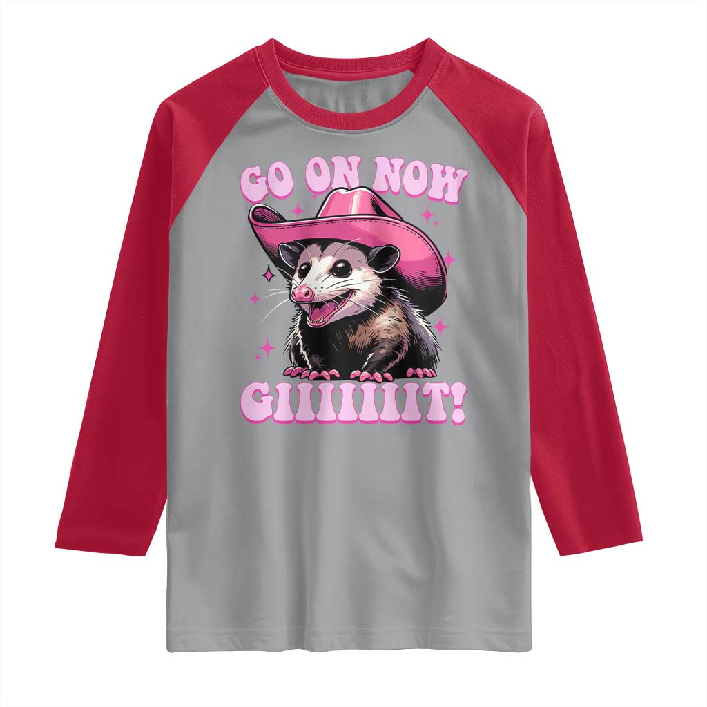 Cowboy Opossum Go On Now Git Raglan Shirt Funny Possum Pink Cowgirl Hat Western Wild West - Wonder Print Shop