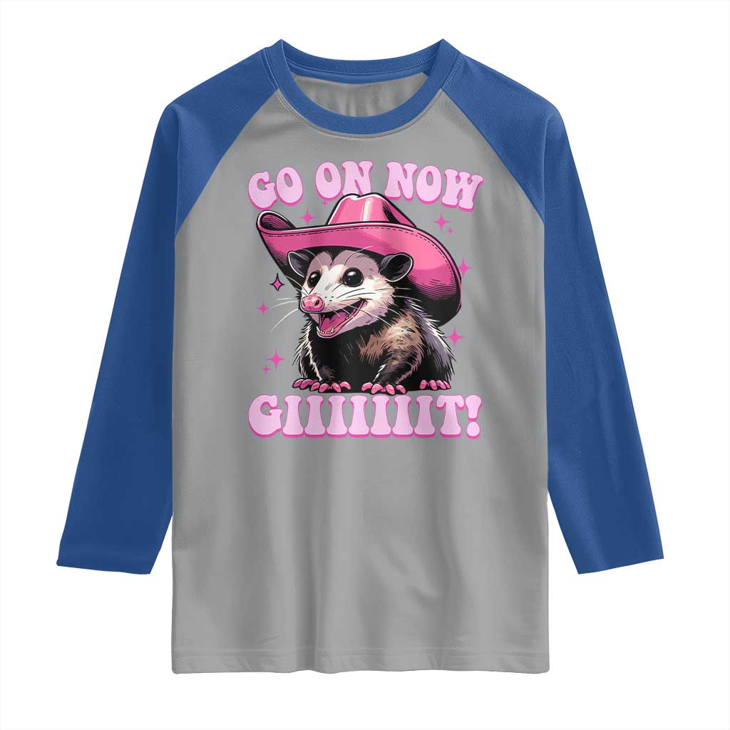 Cowboy Opossum Go On Now Git Raglan Shirt Funny Possum Pink Cowgirl Hat Western Wild West - Wonder Print Shop