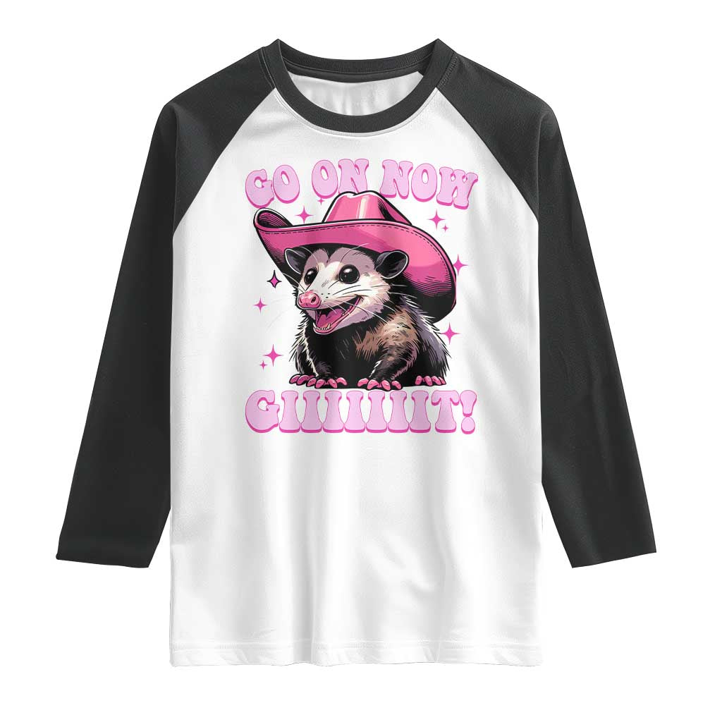 Cowboy Opossum Go On Now Git Raglan Shirt Funny Possum Pink Cowgirl Hat Western Wild West - Wonder Print Shop