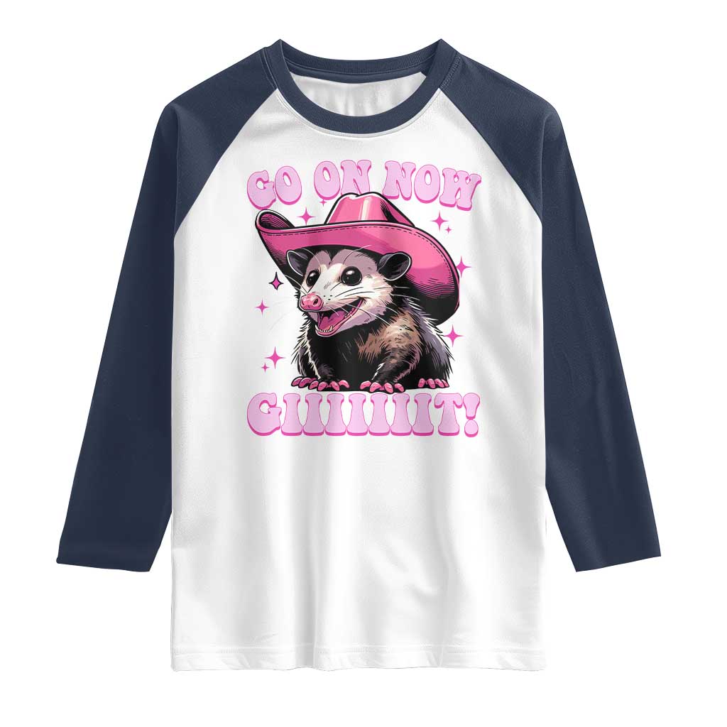 Cowboy Opossum Go On Now Git Raglan Shirt Funny Possum Pink Cowgirl Hat Western Wild West - Wonder Print Shop