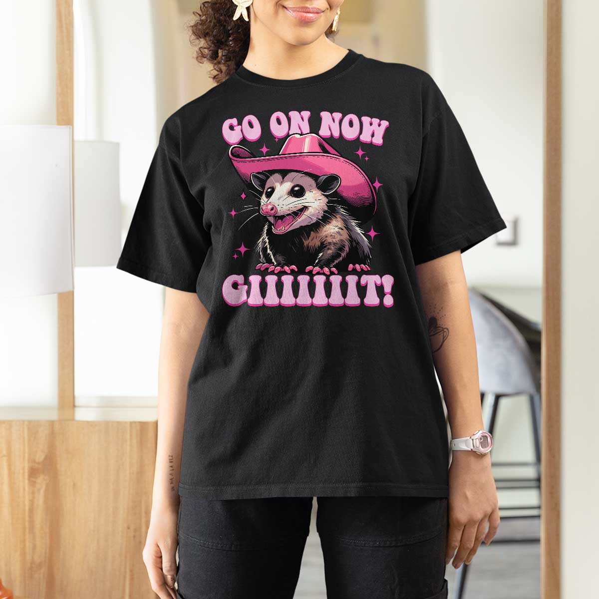 Cowboy Opossum Go On Now Git T Shirt For Women Funny Possum Pink Cowgirl Hat Western Wild West - Wonder Print Shop