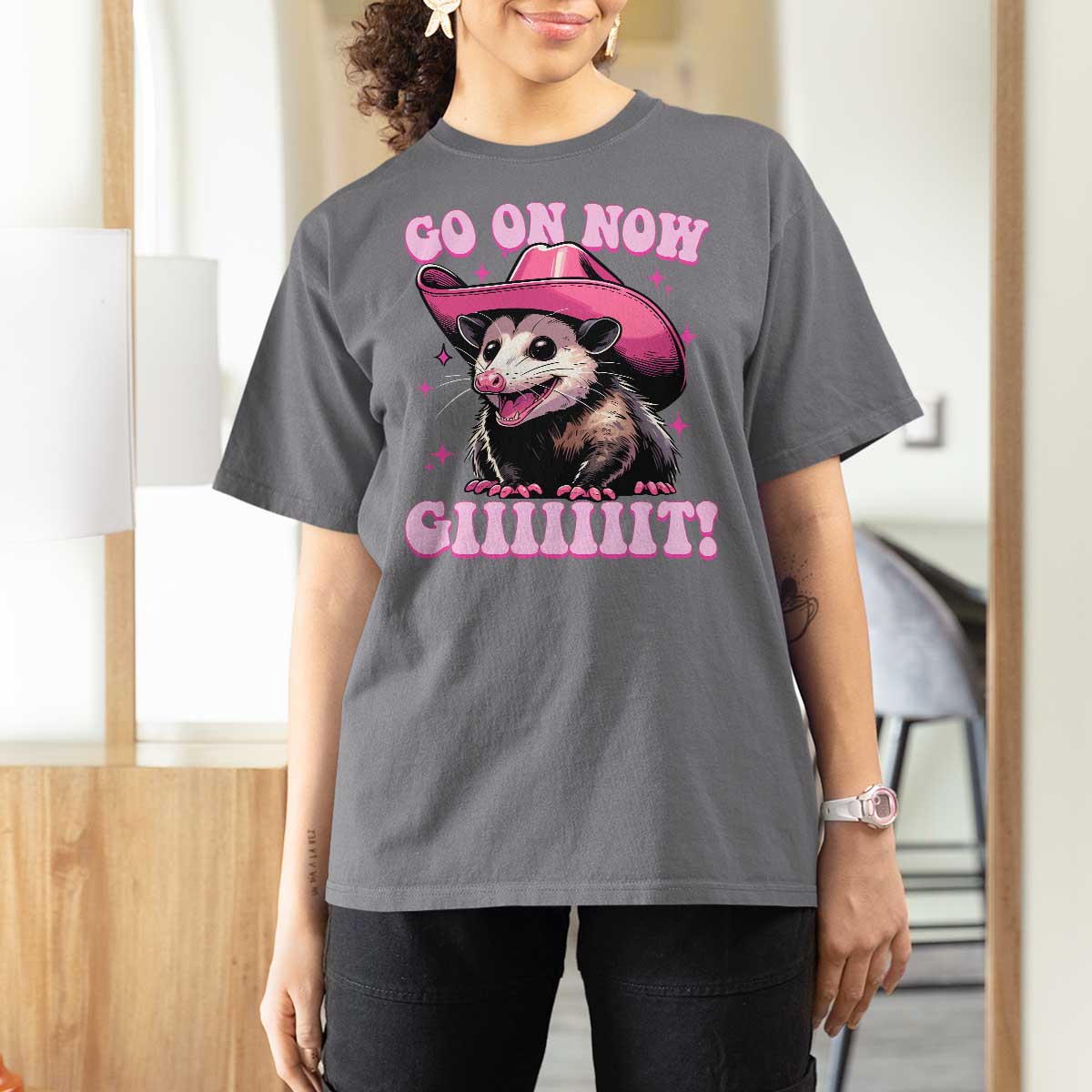 Cowboy Opossum Go On Now Git T Shirt For Women Funny Possum Pink Cowgirl Hat Western Wild West - Wonder Print Shop