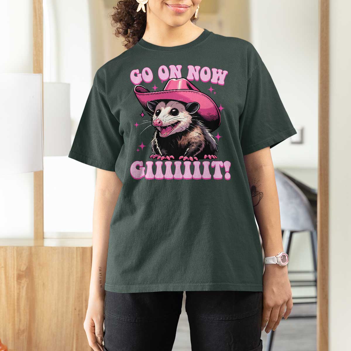 Cowboy Opossum Go On Now Git T Shirt For Women Funny Possum Pink Cowgirl Hat Western Wild West - Wonder Print Shop