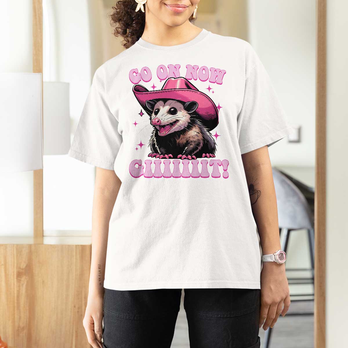 Cowboy Opossum Go On Now Git T Shirt For Women Funny Possum Pink Cowgirl Hat Western Wild West - Wonder Print Shop