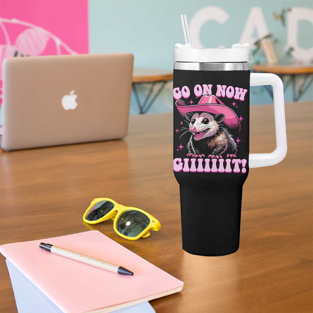Cowboy Opossum Go On Now Git Tumbler With Handle Funny Possum Pink Cowgirl Hat Western Wild West - Wonder Print Shop