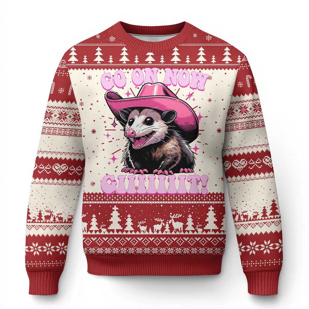 Cowboy Opossum Go On Now Git Knitted Sweatshirt Funny Possum Pink Cowgirl Hat Western Wild West - Wonder Print Shop