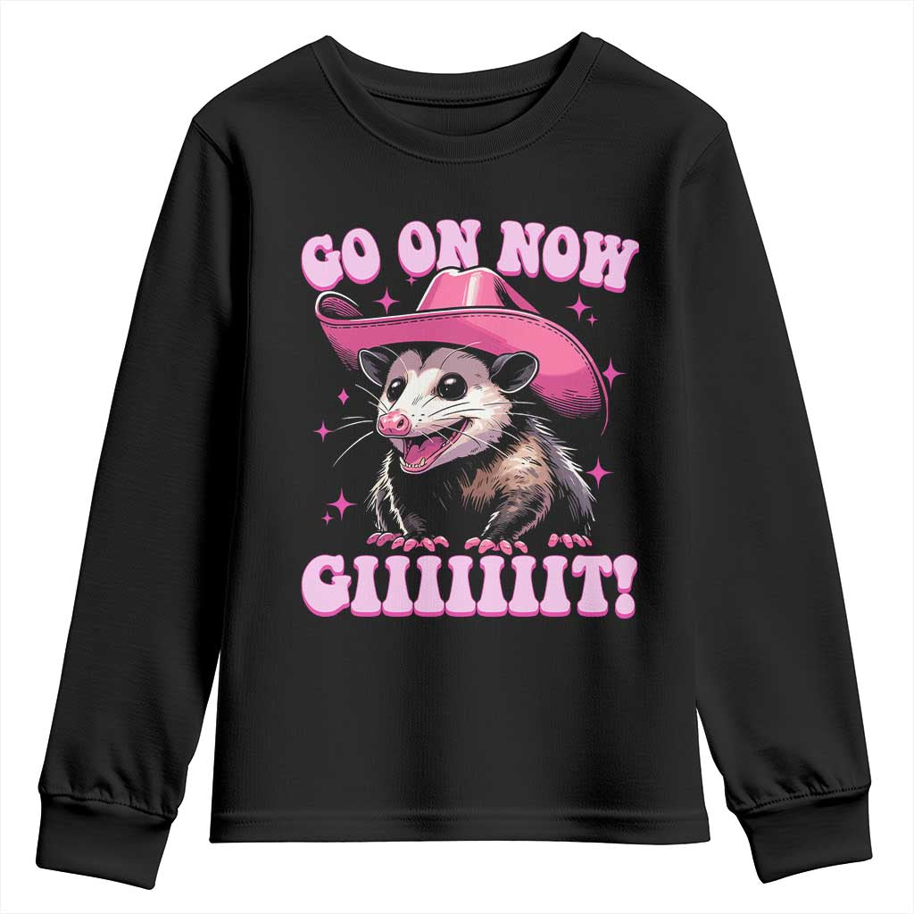 Cowboy Opossum Go On Now Git Youth Sweatshirt Funny Possum Pink Cowgirl Hat Western Wild West - Wonder Print Shop
