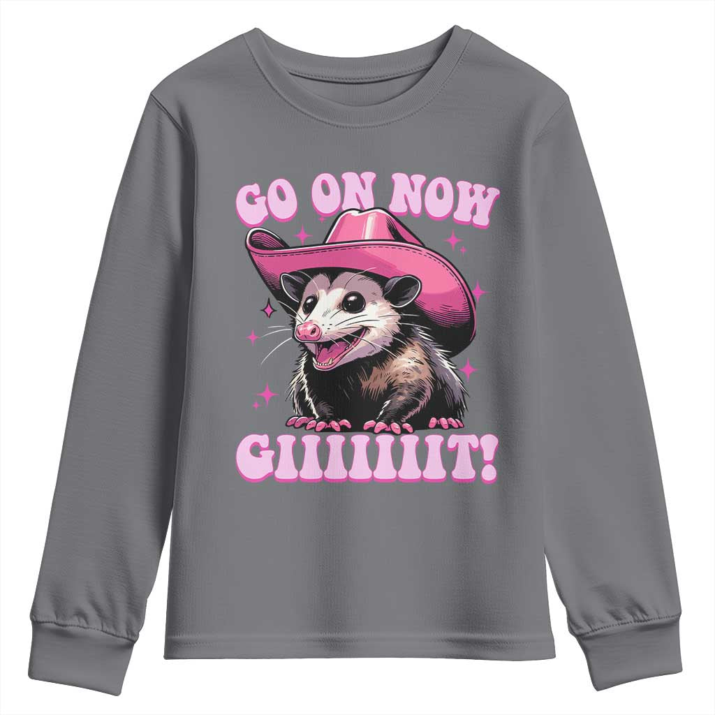Cowboy Opossum Go On Now Git Youth Sweatshirt Funny Possum Pink Cowgirl Hat Western Wild West - Wonder Print Shop