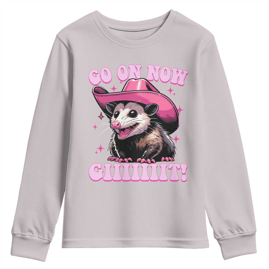 Cowboy Opossum Go On Now Git Youth Sweatshirt Funny Possum Pink Cowgirl Hat Western Wild West - Wonder Print Shop