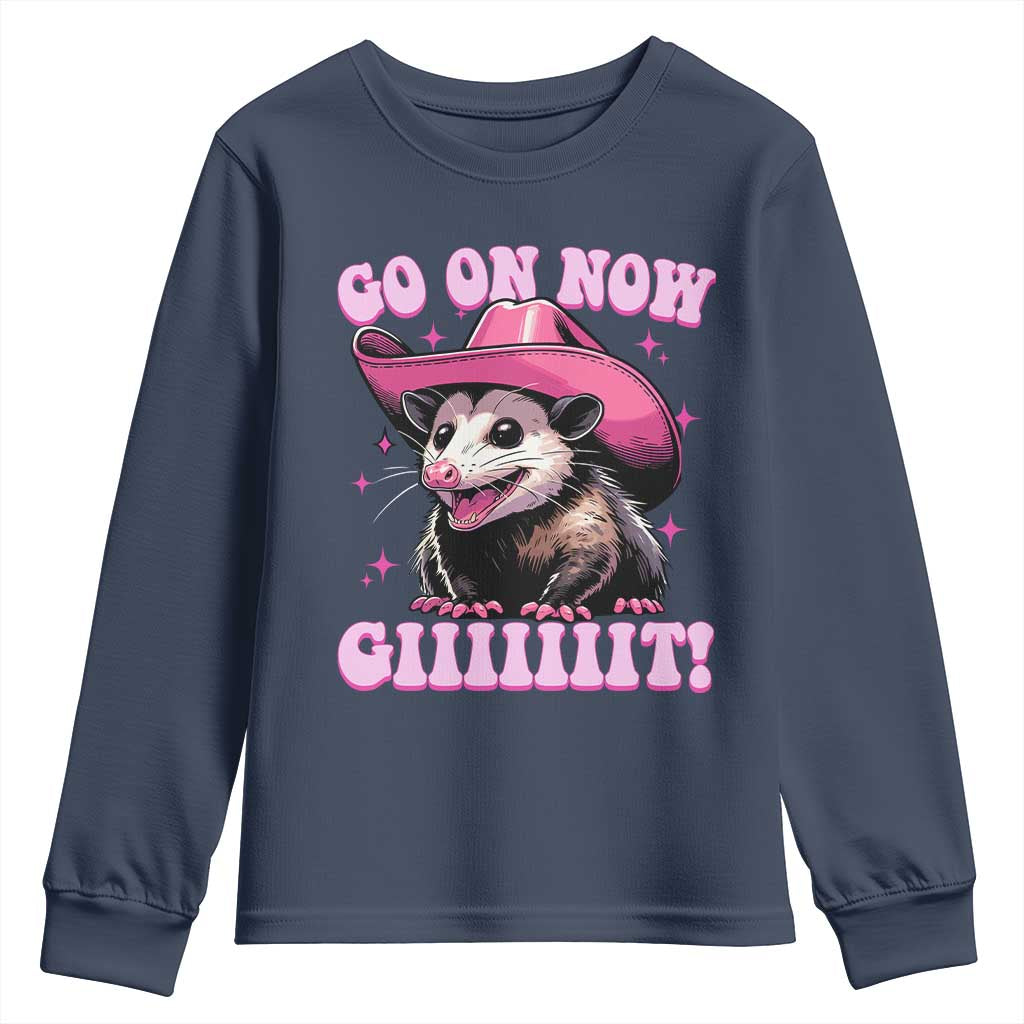 Cowboy Opossum Go On Now Git Youth Sweatshirt Funny Possum Pink Cowgirl Hat Western Wild West - Wonder Print Shop